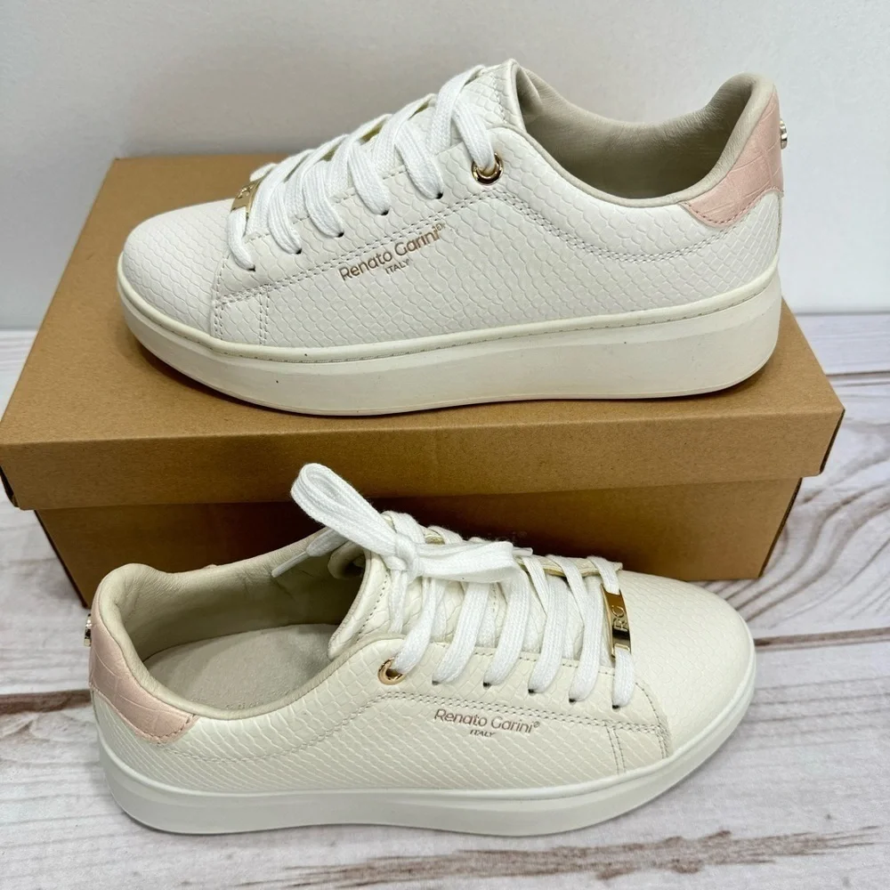 Renato Garini Italy Classic Comfort White Snake Pink Croco Platform Sneakers